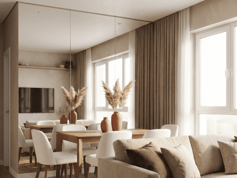 Sala de estar ampliada por espelho